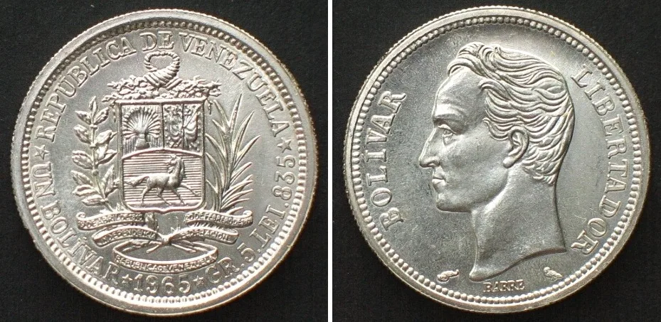 1965 VENEZUELA 1 Bolivar 1965 silver PROOFLIKE SPECIMEN! Prooflike