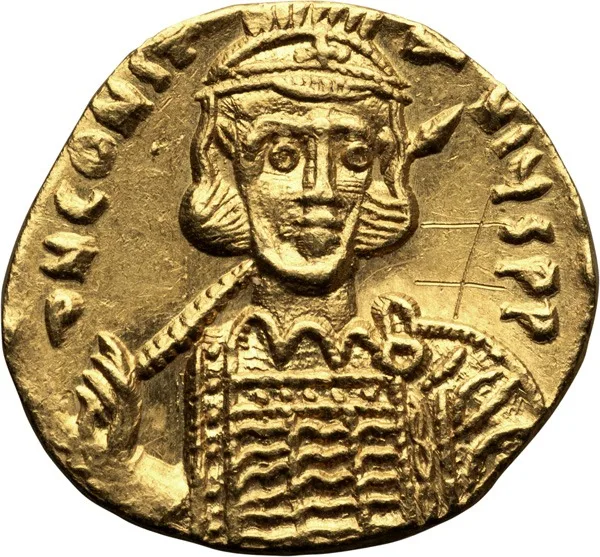Constantine IV, with Heraclius and Tiberius. Solidus