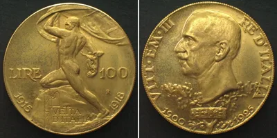 1925 ITALY 100 Lire 1925 VITTORIO EMANUELE III, Reproduction, gilt Prooflike