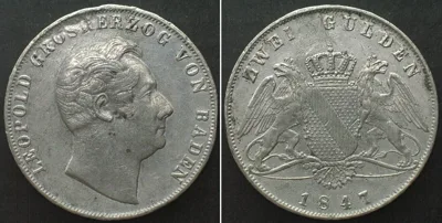 1847 German States BADEN. Trial strike in pewter 2 Gulden 1847, LEOPOLD, RRR! AU