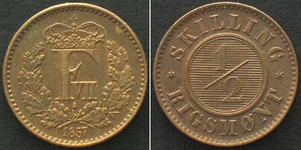 1857 DENMARK. 1/2 Skilling Rigsmont 1857 (o), Altona mint, FREDERIK VII, bronze UNC-!