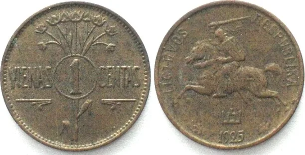 1925 LITHUANIA. 1 Centas 1925 Al-Bro AU!