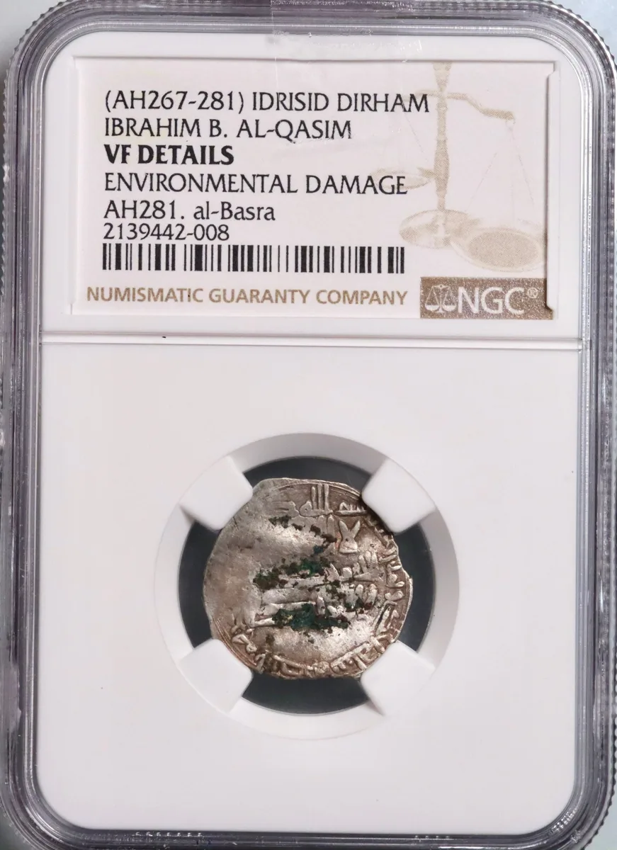 Idrisid: Ibrahim ibn al-Qasim (880-899), silver dirham, al-Basra (in Morocco) mint, AH 281 (894-895 CE). NGC VF Details -Environmental Damage. Extremely rare.