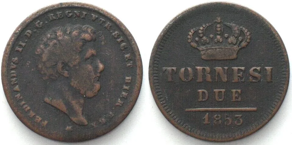 1853 Italy NAPLES. 2 Tornesi 1853 FERDINANDO II copper VF