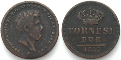 1853 Italy NAPLES. 2 Tornesi 1853 FERDINANDO II copper VF