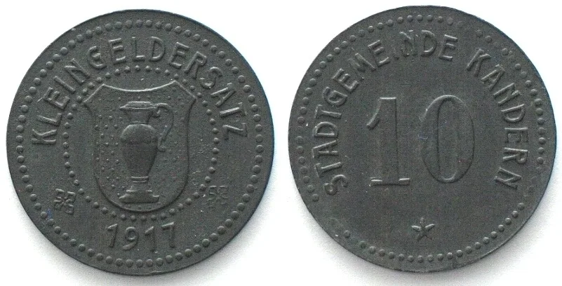 1917 Germany KANDERN (Baden) 10 Pfennig 1917, NOTGELD zinc UNC-