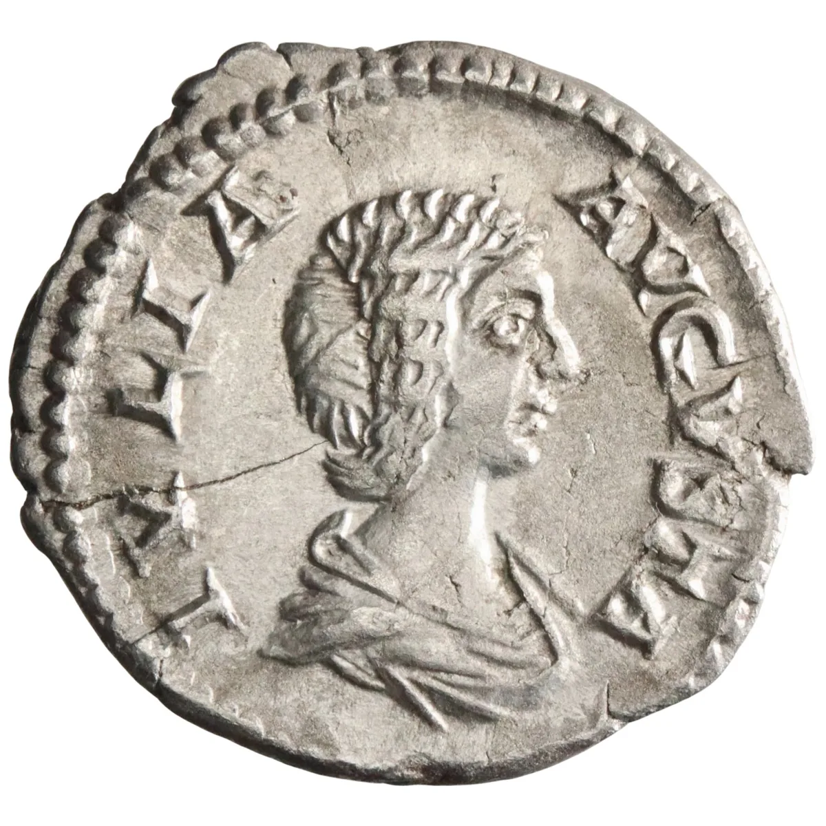 Roman: Julia Domna (193-217), silver denarius (3.28g), Rome mint, 193-217 CE. Draped bust / Hilaritas standing left with long palm branch and cornucopiae, child at foot to left and to right.