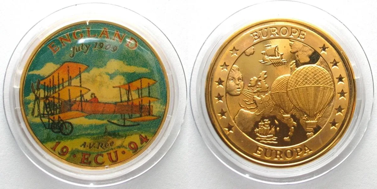 1994 ENGLAND Ecu 1994 A. V. ROE aviator gold plated bronze colored Proof
