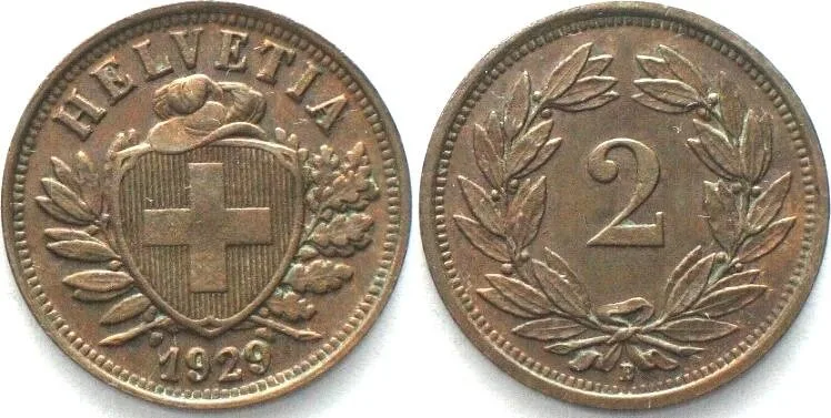 1929 SWITZERLAND 2 Rappen 1929 bronze UNC-!