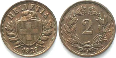 1929 SWITZERLAND 2 Rappen 1929 bronze UNC-!
