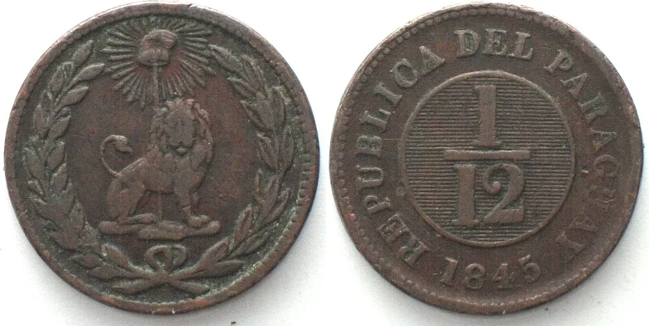 1845 PARAGUAY. 1/12 Real 1845 BIRMINGHAM copper VF+