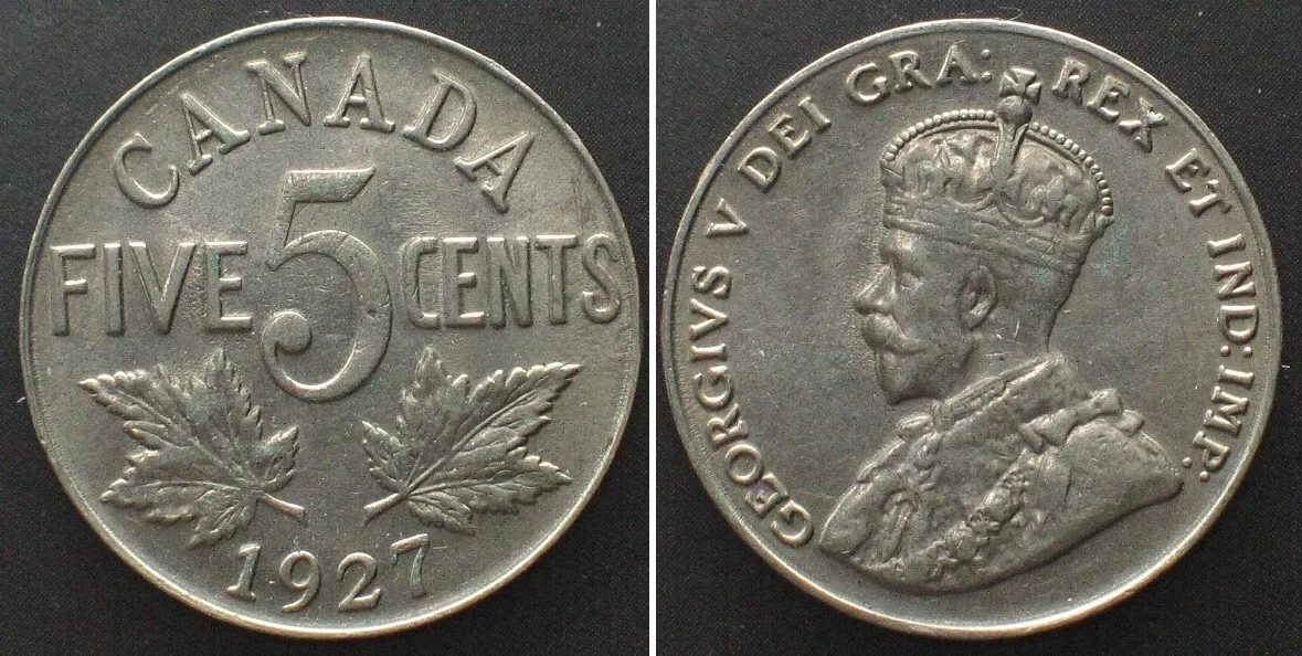 1927 CANADA 5 Cents 1927 GEORGE V nickel AU!
