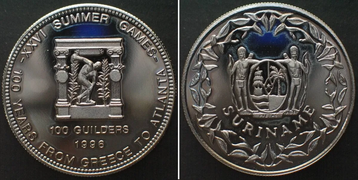 1996 SURINAME 100 Guilders 1996 OLYMPIC GAMES DISCUS THROWER Cu-Ni SCARCE! Proof