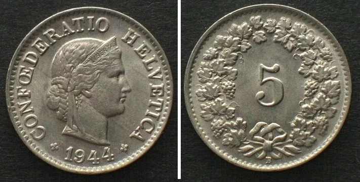 1944 SWITZERLAND 5 Rappen 1944 Cu-Ni UNC!