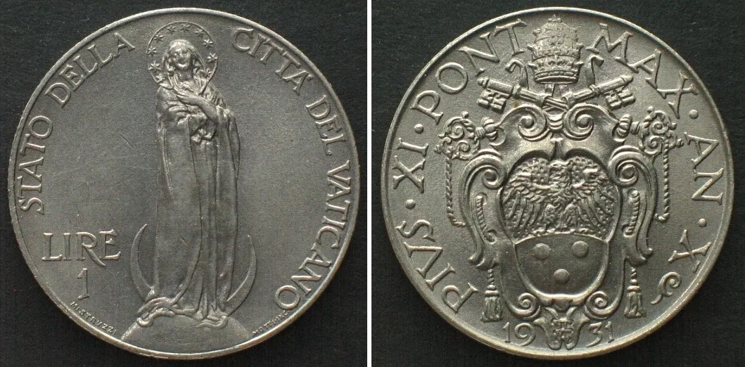 1931 VATICAN 1 Lira 1931, PIUS XI, nickel UNC