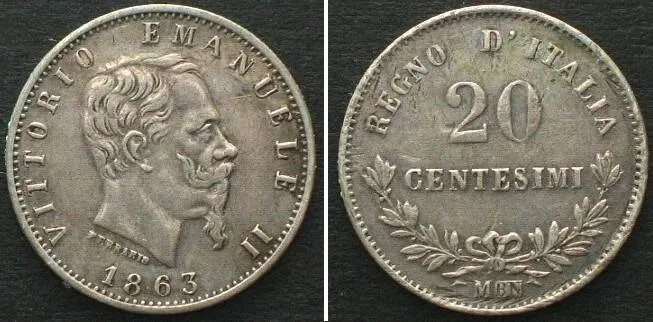 1863 ITALY. 50 Centesimi 1863 M, Milano mint, VITTORIO EMANUELE II silver VF+
