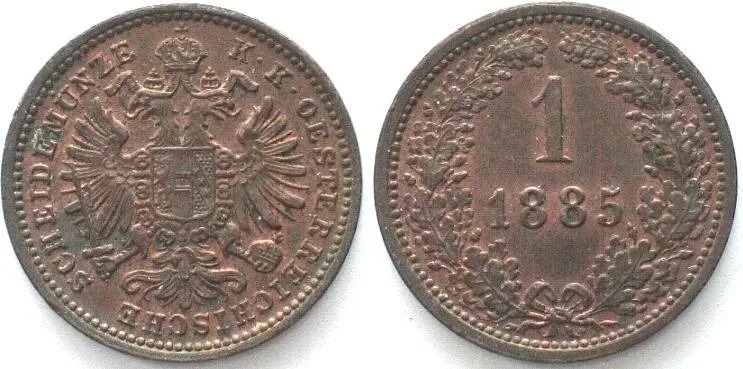 1885 AUSTRIA. 1 Kreuzer 1885, FRANZ JOSEPH I, copper UNC!