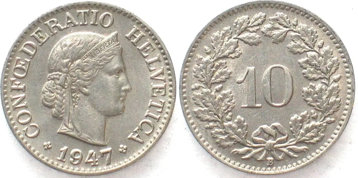 1947 SWITZERLAND 10 Rappen 1947 Cu-Ni UNC!