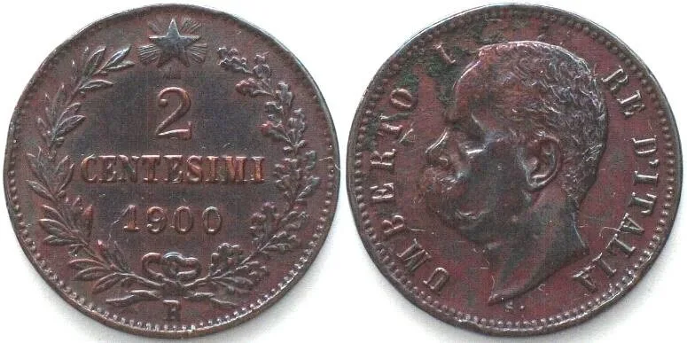1900 ITALY. 2 Centesimi 1900 R, UMBERTO I copper AU!