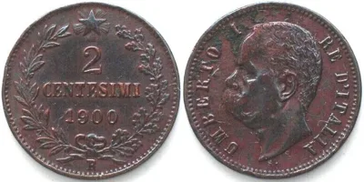 1900 ITALY. 2 Centesimi 1900 R, UMBERTO I copper AU!