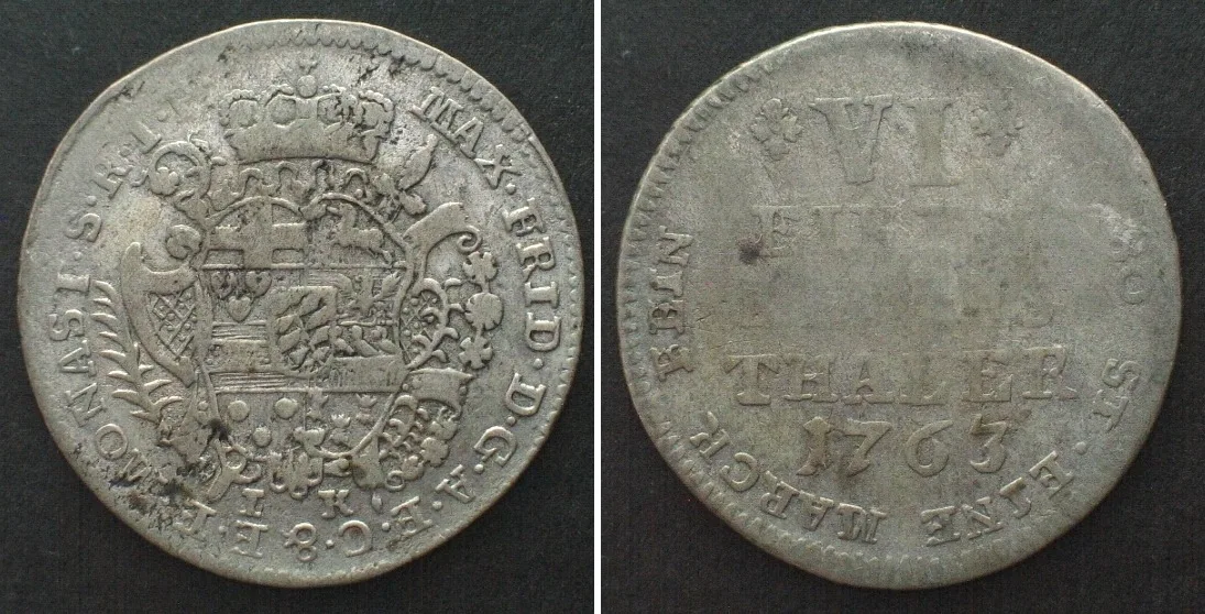 1763 German MUNSTER Bishopric. 1/6 Thaler 1763 MAXIMILIAN FRIEDRICH silver VF+