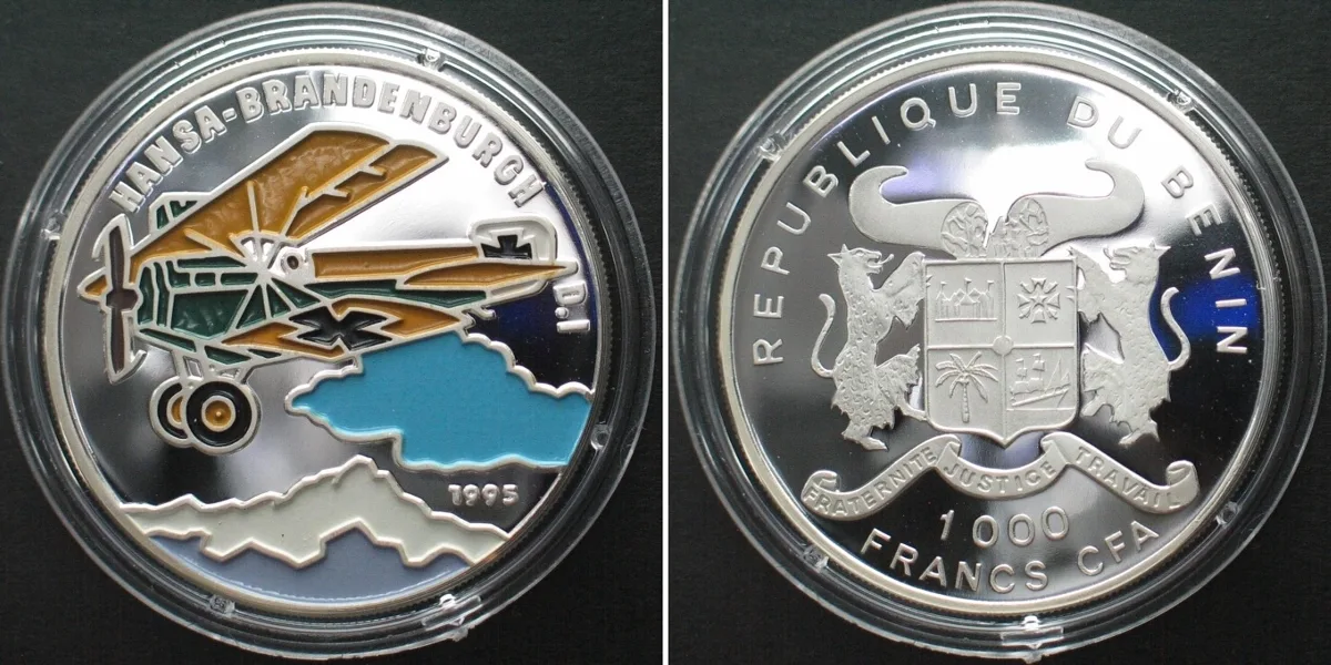 1995 BENIN. 1000 Francs CFA 1995, Plane HANSA BRANDENBURGH D.I silver COLORED Proof