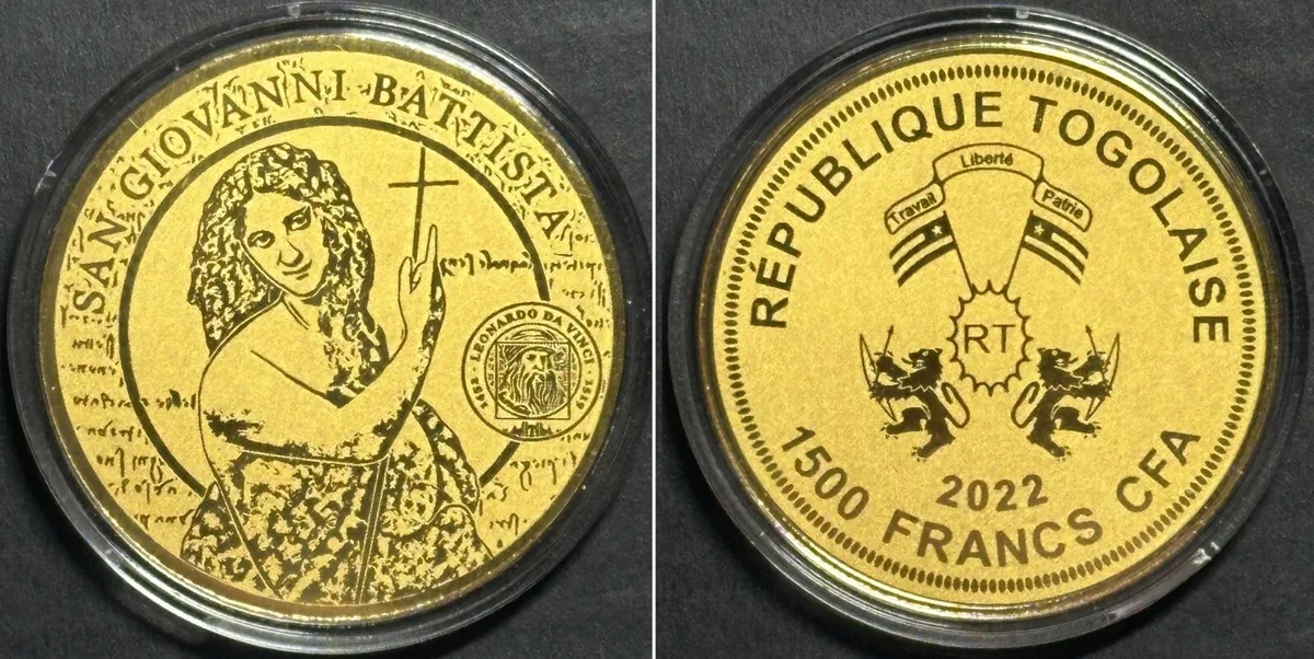 2022 TOGO 1500 Francs CFA 2022 San Giovanni Battista LEONARDO DA VINCI Gold 1/200 oz Proof