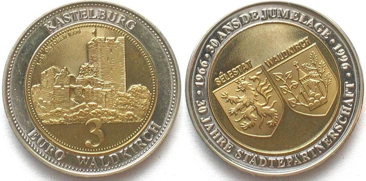 1996 Germany WALDKIRCH 3 Euro 1996 local issue - DIE ROTATION - bi-metallic SCARCE!!! BU