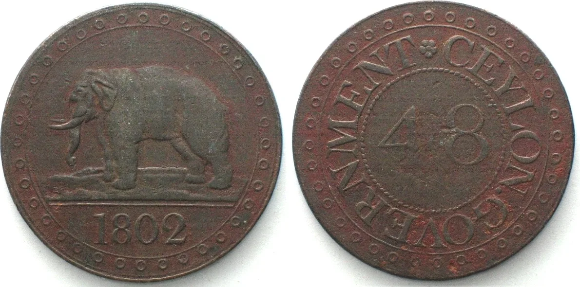 1802 BRITISH CEYLON. 1/48 Rixdollar 1802, Elephant, GEORGE III, copper XF! EF