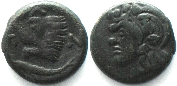 310-304 CIMMERIAN BOSPOROS. Pantikapaion, AE 19mm 310-304 BC, Pan / lion & sturgeon, aXF EF-