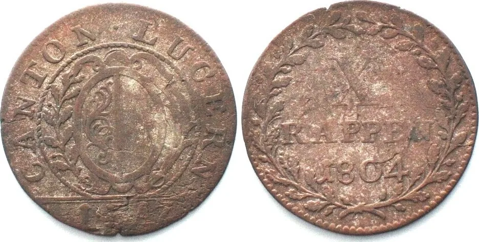 1804 Swiss Cantons LUZERN Batzen 1804 billon SCARCE DATE! VF