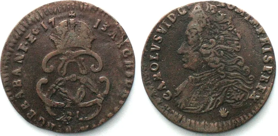 1713 BRABANT Liard 1713, CHARLES VI of AUSTRIA, copper XF! EF