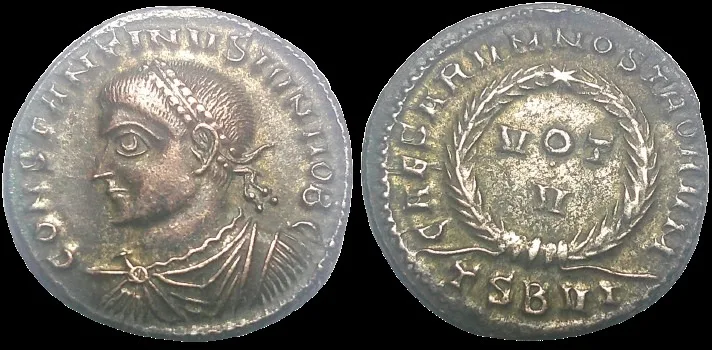 CONSTANTINE II CAESAR (Struck 320 AD) AE 18.4mm 3.15gm Follis. Thessalonica Mint, (almost 100% silvered, toned)