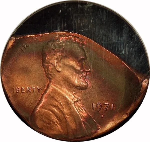 Lincoln Cent, 1971-D, Foldover Strike, 1¢, MS63 RB, NGC