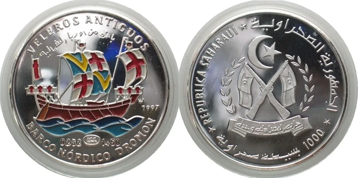 1997 SAHARAWI ARAB D.R. 1000 Pesetas 1997 Nordic Dromon HISTORIC SHIPS silver COLORED Proof
