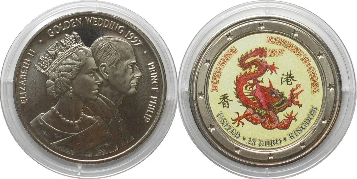 1997 UK 25 Euro 1997 Dragon HONG KONG RETURNS TO CHINA / GOLDEN WEDDING Cu-Ni BU