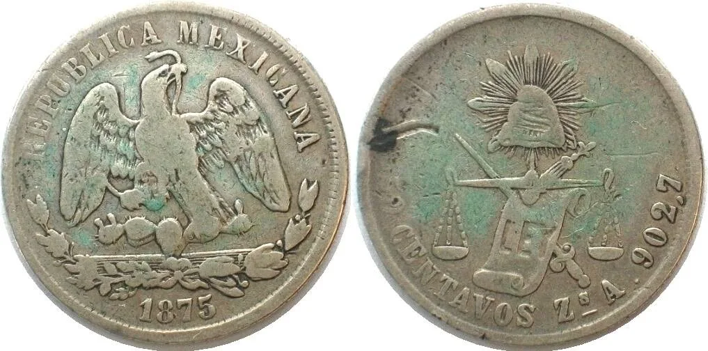 1875 MEXICO. 50 Centavos 1875 A Zs, Zacatecas mint, VF
