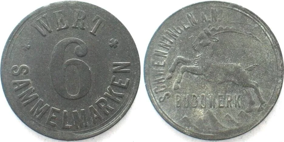 1920 SCHWENNINGEN Büdowerk Token 6 Sammelmarken ND (ca.1920) zinc EF
