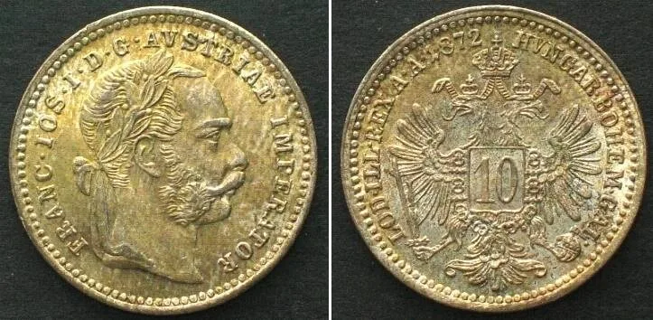 1872 AUSTRIA. 10 Kreuzer 1872, FRANZ JOSEPH I, silver UNC!!!