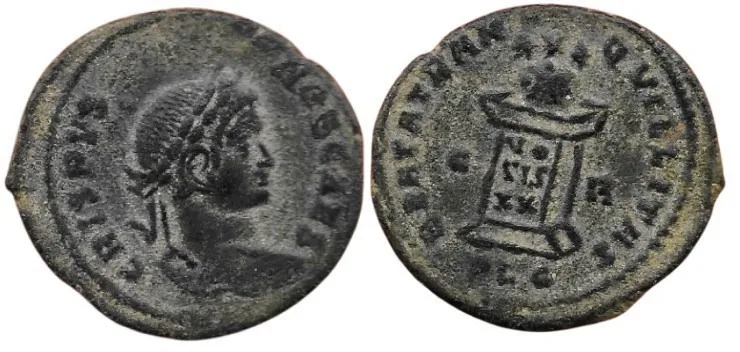 Crispus, as Caesar, 20mm 2.69gm, BI Nummus. Lugdunum mint, 322-323 AD. Very Fine