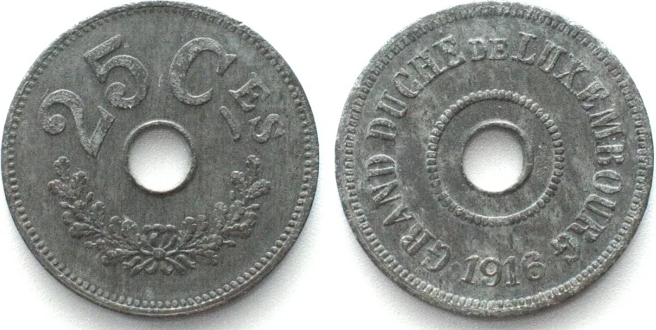 1916 LUXEMBOURG 25 Centimes 1916, dot behind date, MARIE-ADELAIDE, zinc AU!