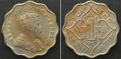 1907 BRITISH INDIA 1 Anna 1907, EDWARD VII, Cu-Ni, UNC-!