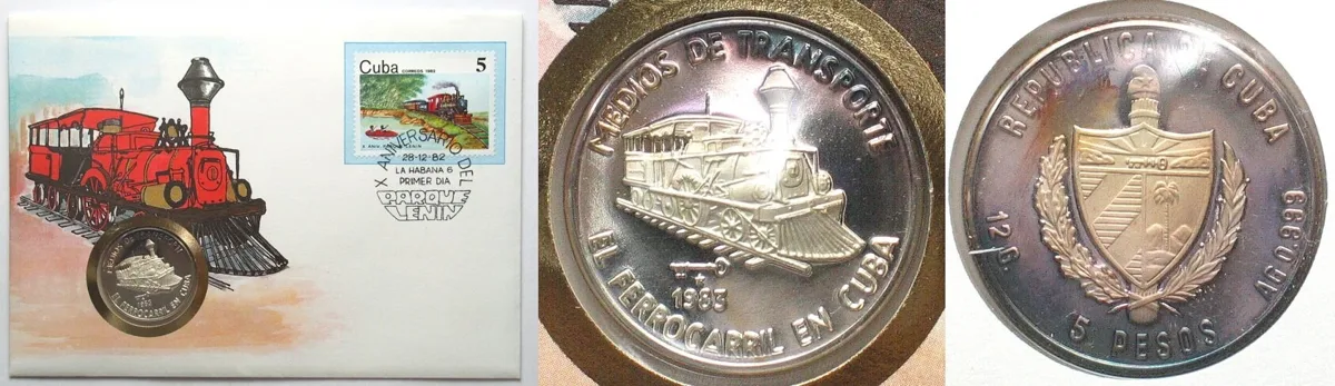 1983 CUBA 5 Pesos 1983 Railways TRANSPORTATION silver Proof in First Day Cover Proof