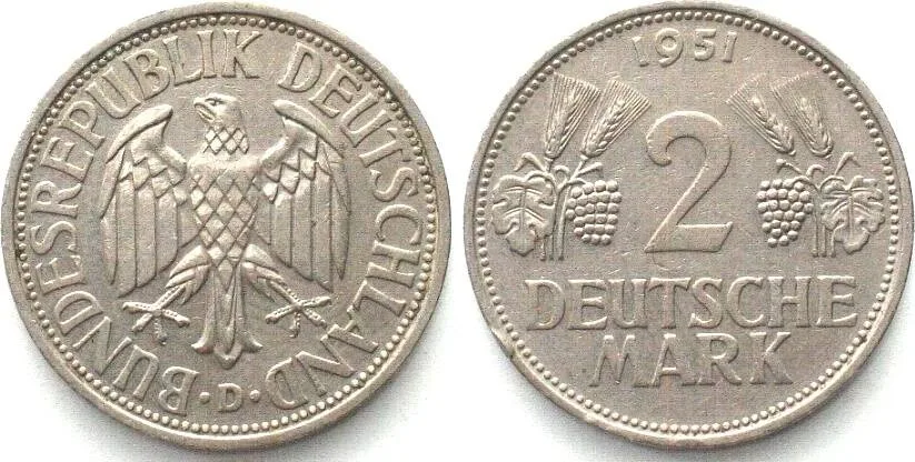 1951 Germany FEDERAL REPUBLIC. 2 Mark 1951 D, Stuttgart mint, Cu-Ni XF EF