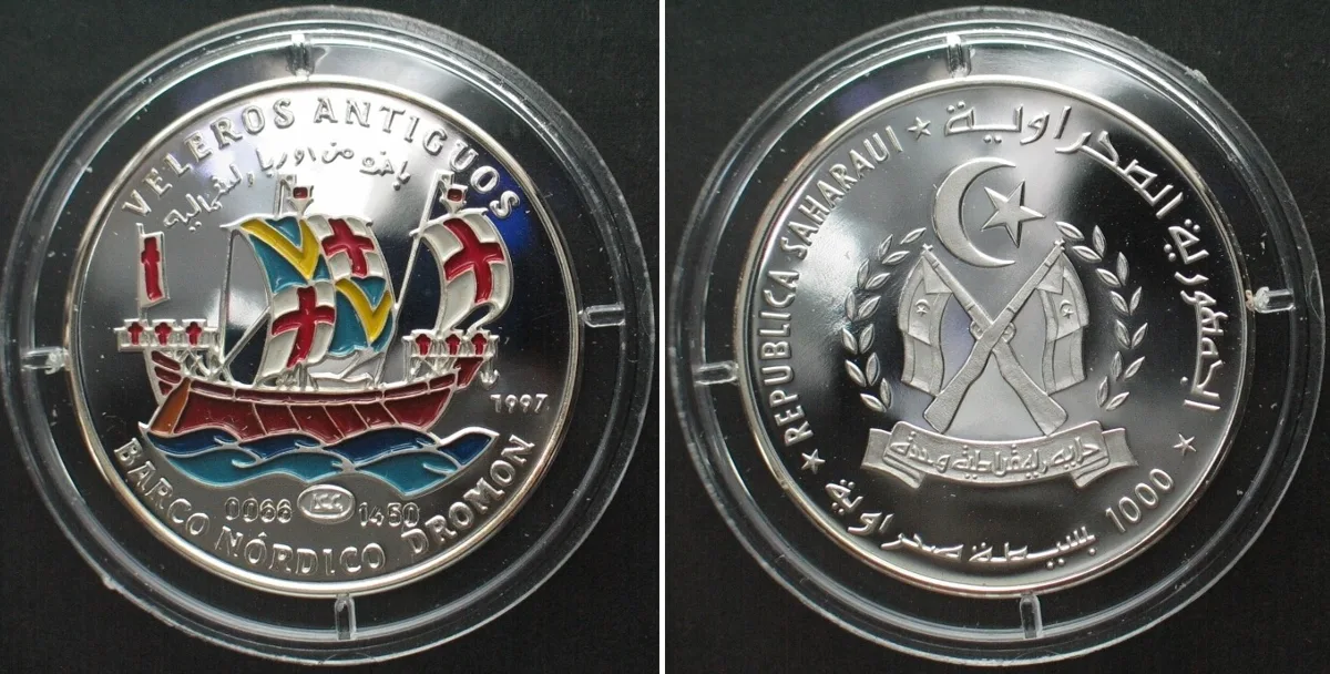 1997 SAHARAWI ARAB D.R. 1000 Pesetas 1997 Nordic Dromon HISTORIC SHIPS silver COLORED Proof