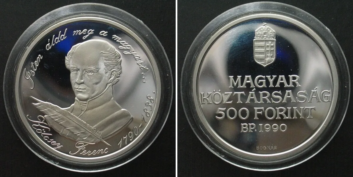 1990 HUNGARY 500 Forint 1990, Ferenc Kölcsey, silver, Proof