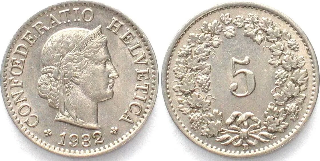 1932 SWITZERLAND 5 Rappen 1932 nickel UNC!