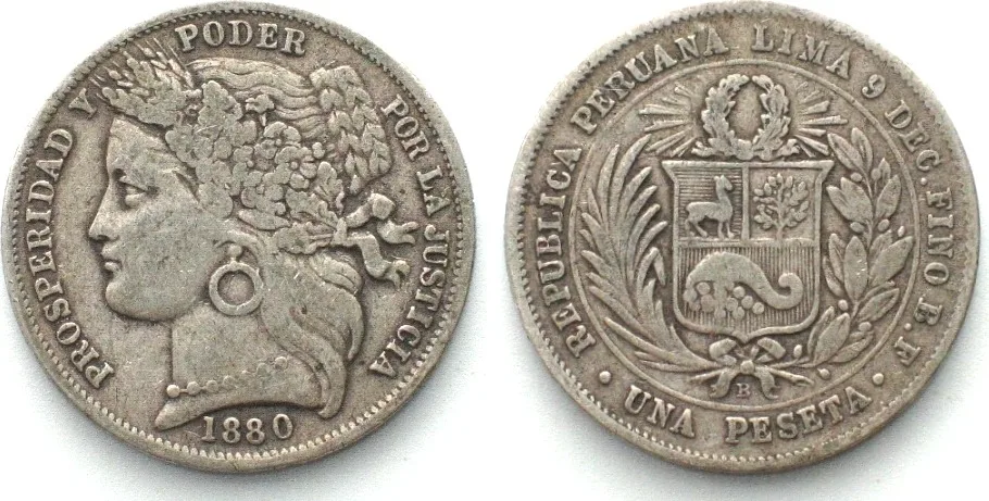 1880 PERU 1 Peseta 1880 B. silver VF