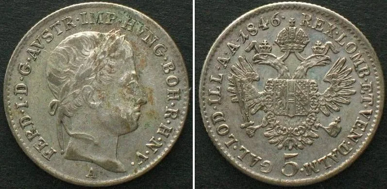 1846 AUSTRIA. 5 Kreuzer 1846 A, FERDINAND I silver XF EF