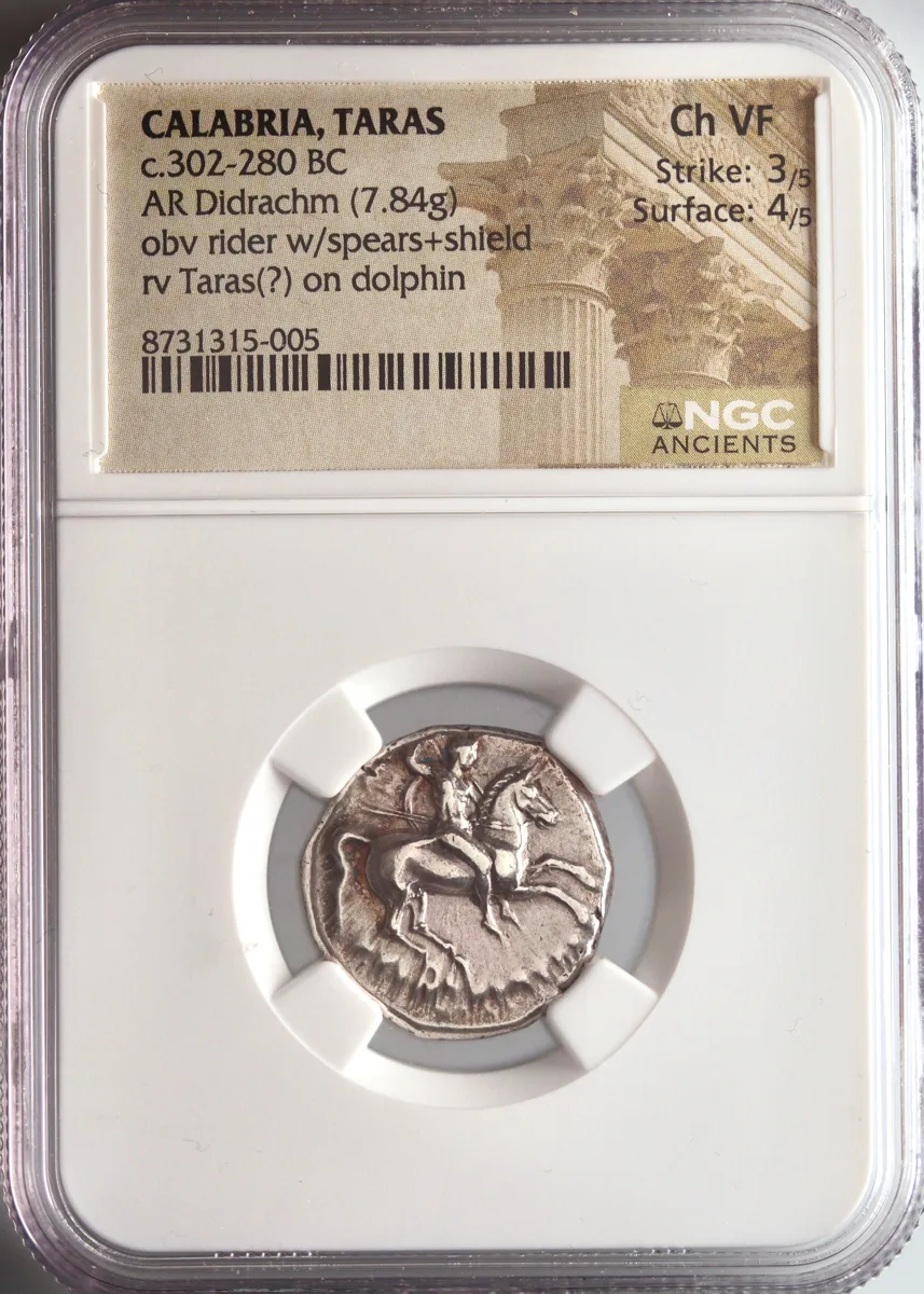 Calabria, Tarentum: silver didrachm (7.84g), 302-280 BCE. Horse rider / Taras on dolphin, holding small dolphin. NGC Ch VF 3/5 4/5.
